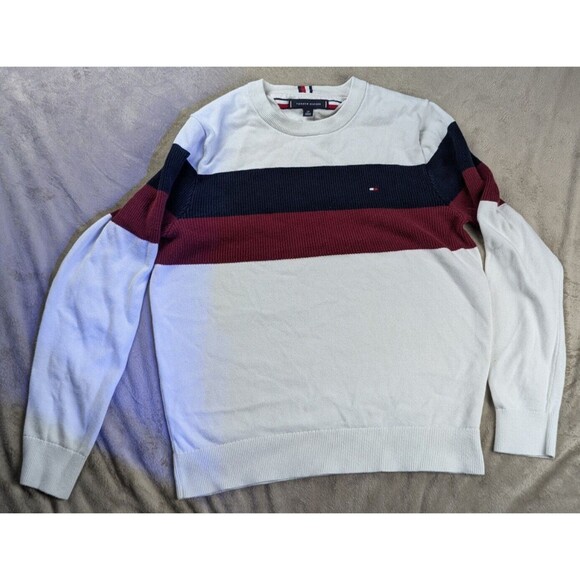Tommy Hilfiger Sweater Women SZ S White Red Blue Striped Pullover Logo Crew Neck - Picture 1 of 10